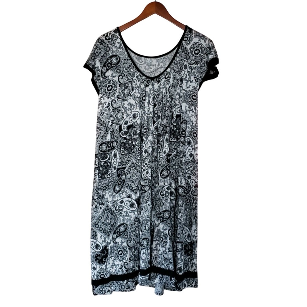 Ellen Tracy T Shirt Dress Womens 3X Black Paisley Scoop Neck Knee Length
